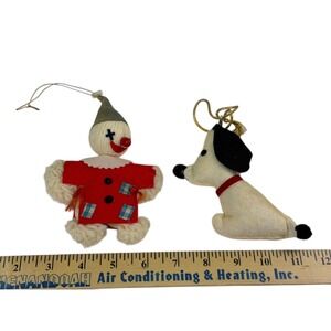 Set of 2 Vintage Yarn and Felt‎ Christmas Ornaments Clown Puppy Dog Japan